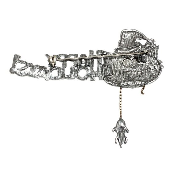 JJ Silver Tone "Happy Holidays" Cat Pin With Santa Hat & Mouse 3" - Picture 2 of 5